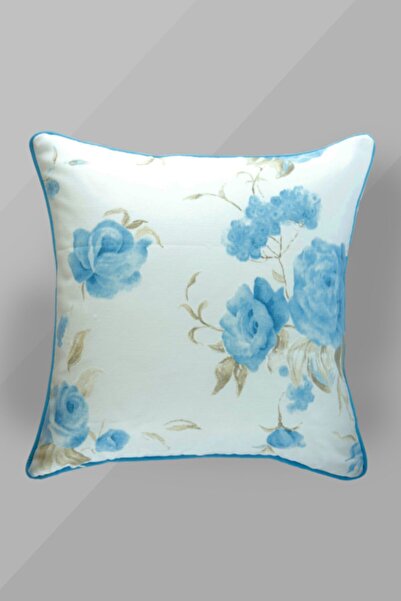 Mürdüm Perde Çiçekli Kırlent 45x45 Cm Mavi