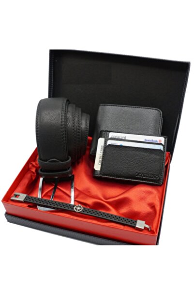 HediyeSet Erkek Siyah Kemer Cüzdan Kartlık Deri Bileklik Hediye Seti