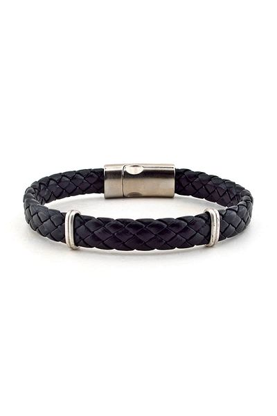 Solfera Men's Black Leather Metal Clip Bracelet BT322