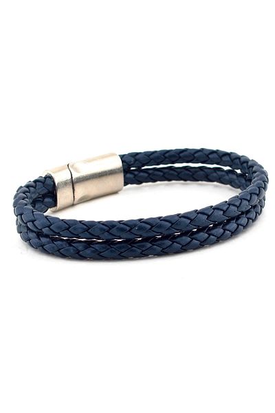 Solfera Men's Navy Blue Knit Leather Double Row Bracelet Bt524