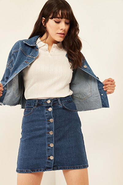 Olalook Kadın Mavi Düğmeli Cepli Denim Etek ETK-19000024