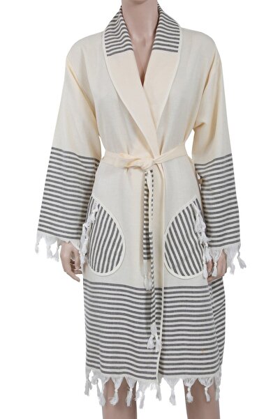 Bedinn Пештемаль Халат Кімоно Комір Бургата Крем Чорний