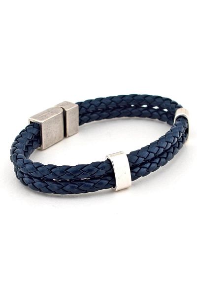 Solfera Men's Navy Blue Leather Double Row Metal Magnet Bracelet BT526