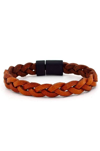 Solfera Men's Original Tan Leather Braided Black Magnet Bracelet Bt515