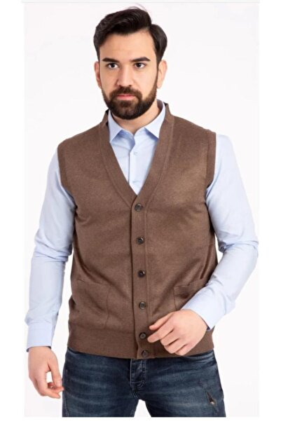 Nacar Erkek Ince Yün Tüylenmez Düğmeli Yelek