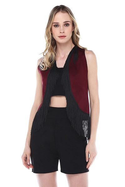 Quincey Women's Plum Tasseled Suede Vest YDE1008
