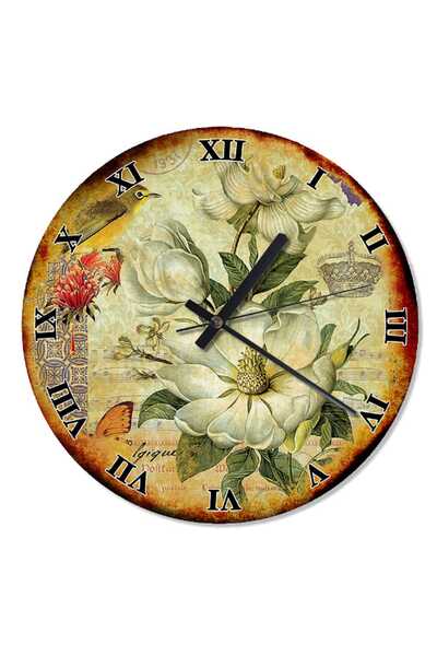 Cakatablo 30 cm Diameter Aged Bird and White Flower Special Design Wall Clock