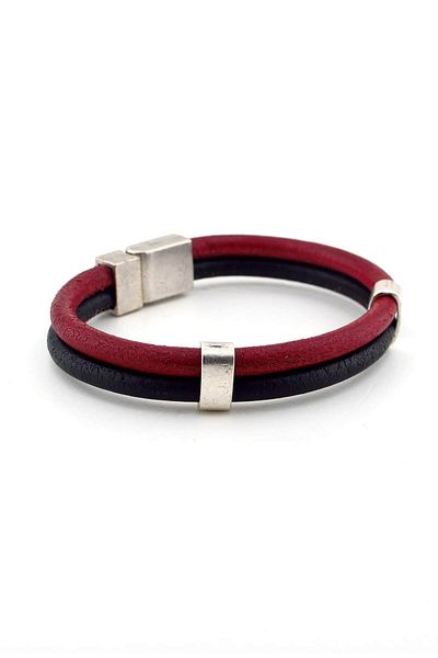 Solfera Men's Claret Red Black Double Row Original Leather Bracelet BT334