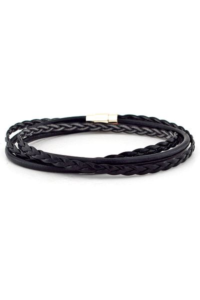 Solfera Men's Yellow Color Magnetic Clip Wrap Black Leather Bracelet Bt501
