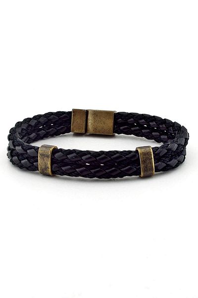 Solfera Men's Double Sira Black Braided Leather Bracelet Bt275