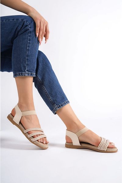 Weynes Women's Beige Flat Sole Straw Sandals Wsb0490