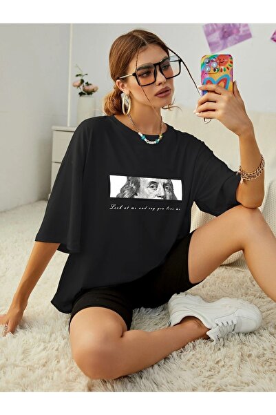 mercoledi Tricou oversize negru cu imprimeu George Washington Casual Boyfirend