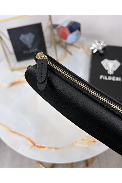 Fil Deri Genuine Leather Women's Black Wallet with Phone Compartment 2049