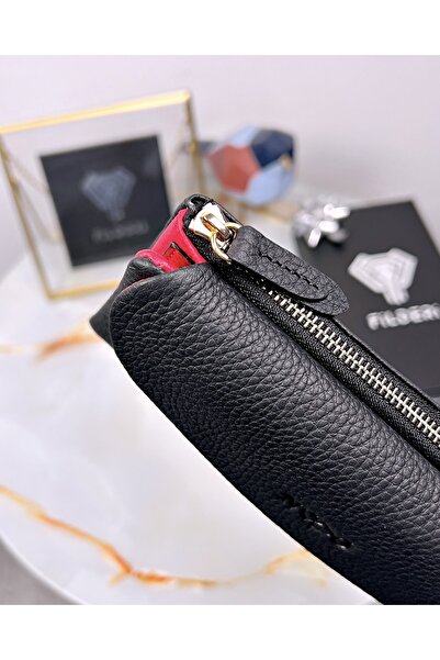 Fil Deri Genuine Leather Women's Double Color Black Red Wallet with Phone Compartment 2049