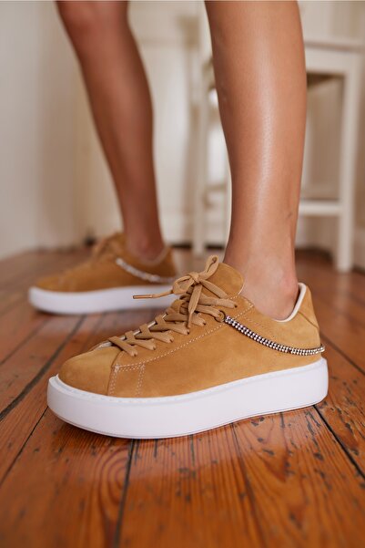 ANGELİNA JONES Polinas Women's Camel Stone Detail Genuine Leather Suede Sneaker