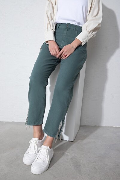 MYMAGAZİNE Paçası Yırtmaç Ve Taş Detaylı Denim Pantolon Yeşil