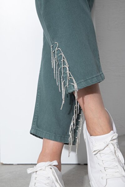 MYMAGAZİNE Paçası Yırtmaç Ve Taş Detaylı Denim Pantolon Yeşil