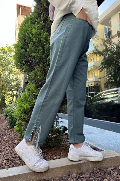MYMAGAZİNE Paçası Yırtmaç Ve Taş Detaylı Denim Pantolon Yeşil