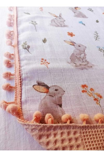 Jaju Baby Orange Rabbit Pattern Multi-Purpose Double Layer Muslin Blanket 100% Cotton Cloth Blanket (110*110)