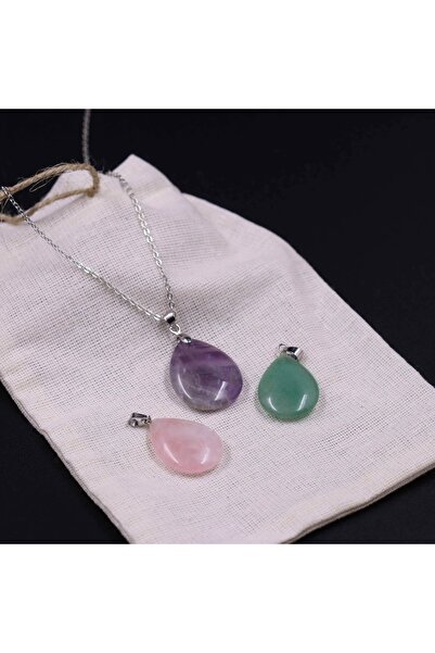 Amethyst Stone-Pink Quartz Stone-Aventurine Stone Drop Model Natural Stone Necklace Set of 3