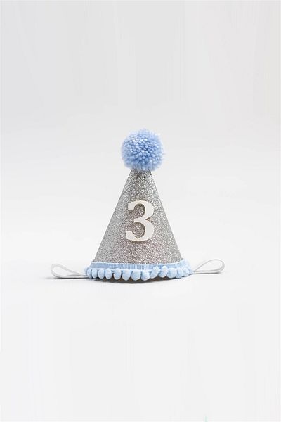 Le Mabelle 3 Year Old Funnel Birthday Crown with Pompom - Blue