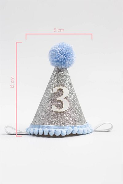 Le Mabelle 3 Year Old Funnel Birthday Crown with Pompom - Blue