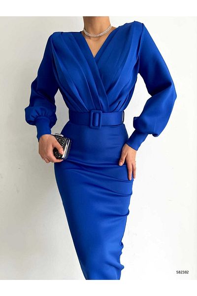 modakyra Rochie de damă, albastră, cu mânecă cu balon, cu guler dublu, detaliată, cu centură de scuba