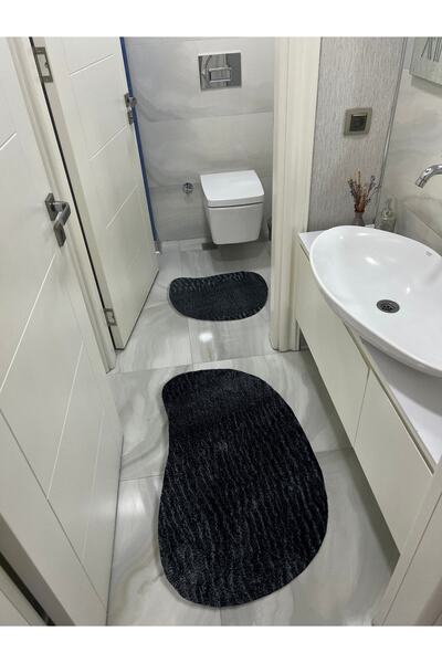 Shal&Shal Laser Cut 2-Piece Bath Mat Anthracite Plush Carpet Curve Model