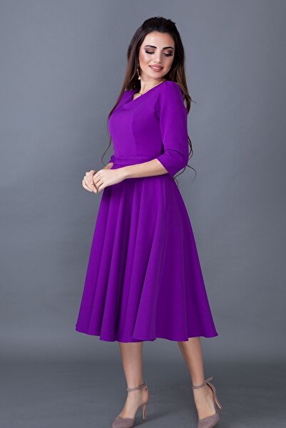 lovebox Жіноча еластична атласна тканина з кишенею детальний V-подібний виріз 34 відкритих рукава фіолетова сукня міді 257