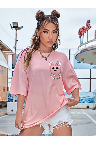 mercoledi Tricou roz pentru femei, gri supradimensionat Salas Boyfriend cu imprimeu iepure pe buzunar