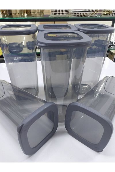 VİP AHMET Beach Square Storage Container 6x1750ml Transparent Smoked Flour - Pulses - Tea - Sugar - Pantry Organizing Vp 053