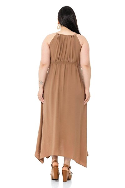 DISENTIS MODEST Large Size Rope Strap Elastic Waist Mink Long Dress