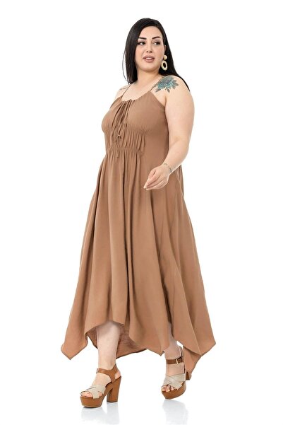 DISENTIS MODEST Large Size Rope Strap Elastic Waist Mink Long Dress