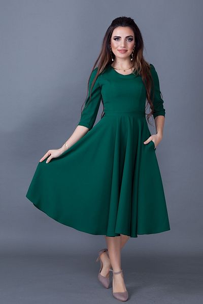 bayansepeti Flexible Atlas Fabric Pocket Design V-Neck 3/4 Sleeve Green Midi Evening Dress 257