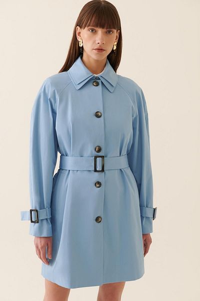 Perspective Eleri Regular Fit Shirt Collar Above Knee Blue Color Women's Trench Coat