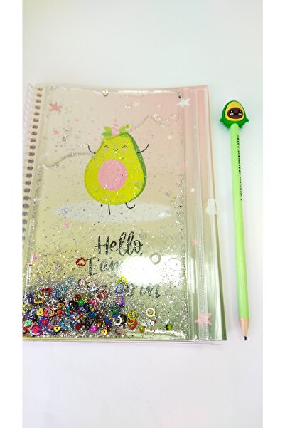 cuaderno A5 Boy Simli Ve Sulu Şeffaf Kalemlikli Avokadolu Telli Defter Avokado Başlıklı Kalem Ikili Set