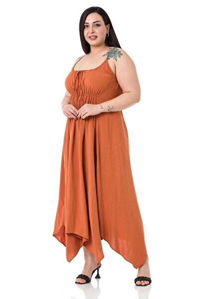 DISENTIS MODEST Plus Size Rope Strap Cinnamon Long Dress with Elastic Waist