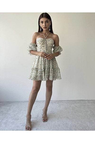 SONREİR مبطن الصدر قبالة الكتف الرسن الرقبة زر مفصلة فستان قصير الأزهار