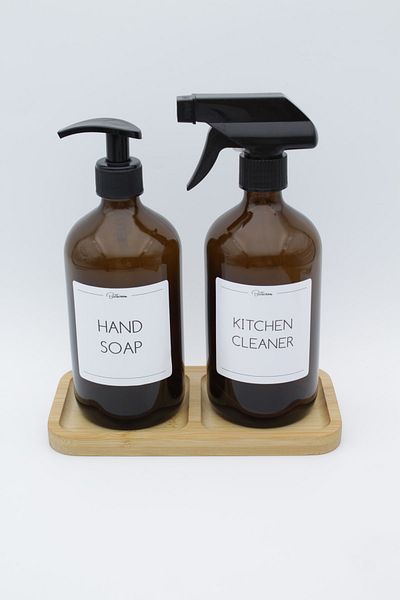 zezedesing Amber Glass Hand Soap-kitchen Cleaner Bottle 500ml και σουβέρ από μπαμπού 2 διαμερισμάτων