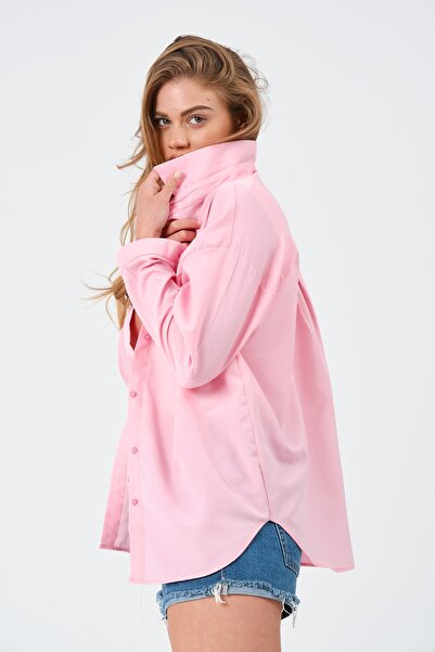 modazoom Kadın Pembe Oversize Uzun Basic Gömlek