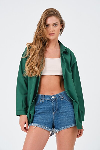 modazoom Kadın Zümrüt Oversize Uzun Basic Gömlek