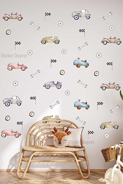 Sticker Ekspres Renkli Retro Arabalar Araba Çocuk Odası Duvar Sticker Seti