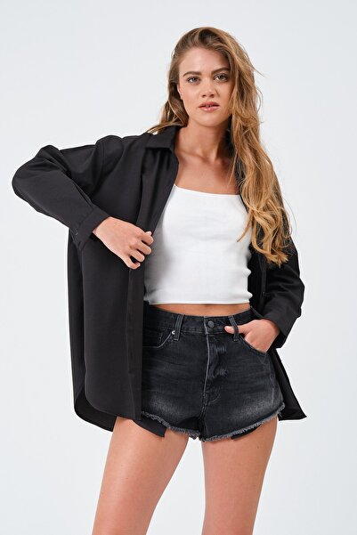 modazoom Kadın Siyah Oversize Basic Uzun Gömlek