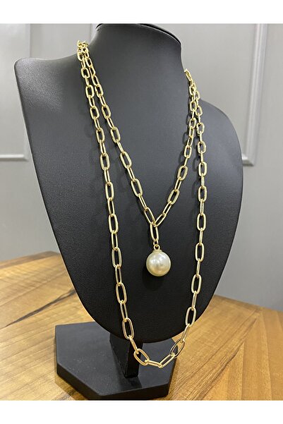 JustGAF Altın / Gold Renk Iki Sıra Ataç Zincir Inci Detaylı Kolye