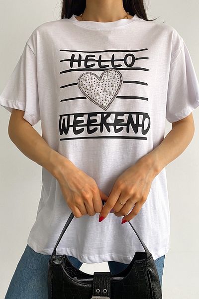 FEMELLE Tricou din bumbac, alb, cu gât crew, imprimat cu mărgele capse