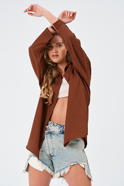 modazoom Γυναικείο Καφέ Oversize Μακρύ Basic πουκάμισο