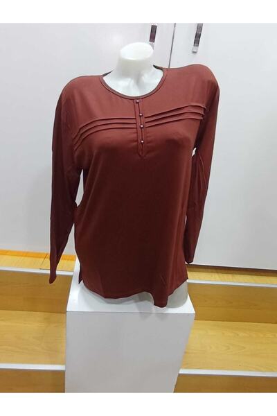 NUR TEKSTİL Kadın Anne Kiremit Viskon Pamuklu Penye Büyük Beden Uzun Kol Bluz