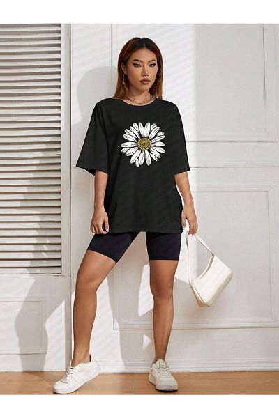 mercoledi Tricou oversize negru cu imprimeu Daisy Casual Boyfirend
