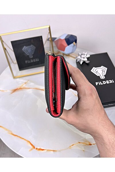 Fil Deri Genuine Leather Women's Double Color Black Red Wallet with Phone Compartment 2049