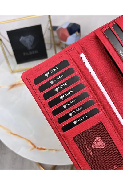 Fil Deri Genuine Leather Women's Red Wallet with Phone Compartment 2049